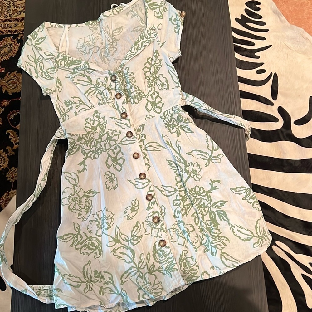 Free People Linen Green and White Mini Dress size 2